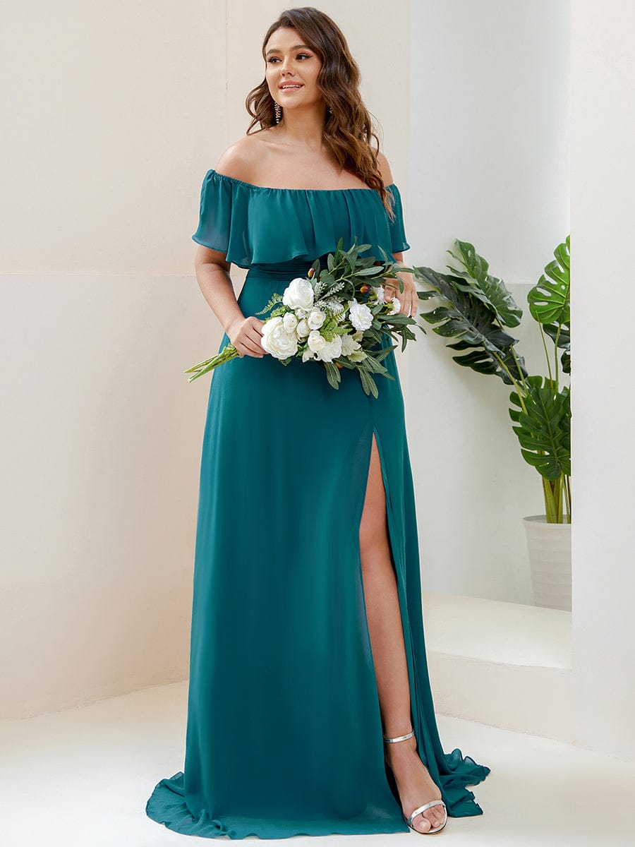 Plus Size Off the Shoulder Formal Bridesmaid Dress with Thigh Split #color_Teal