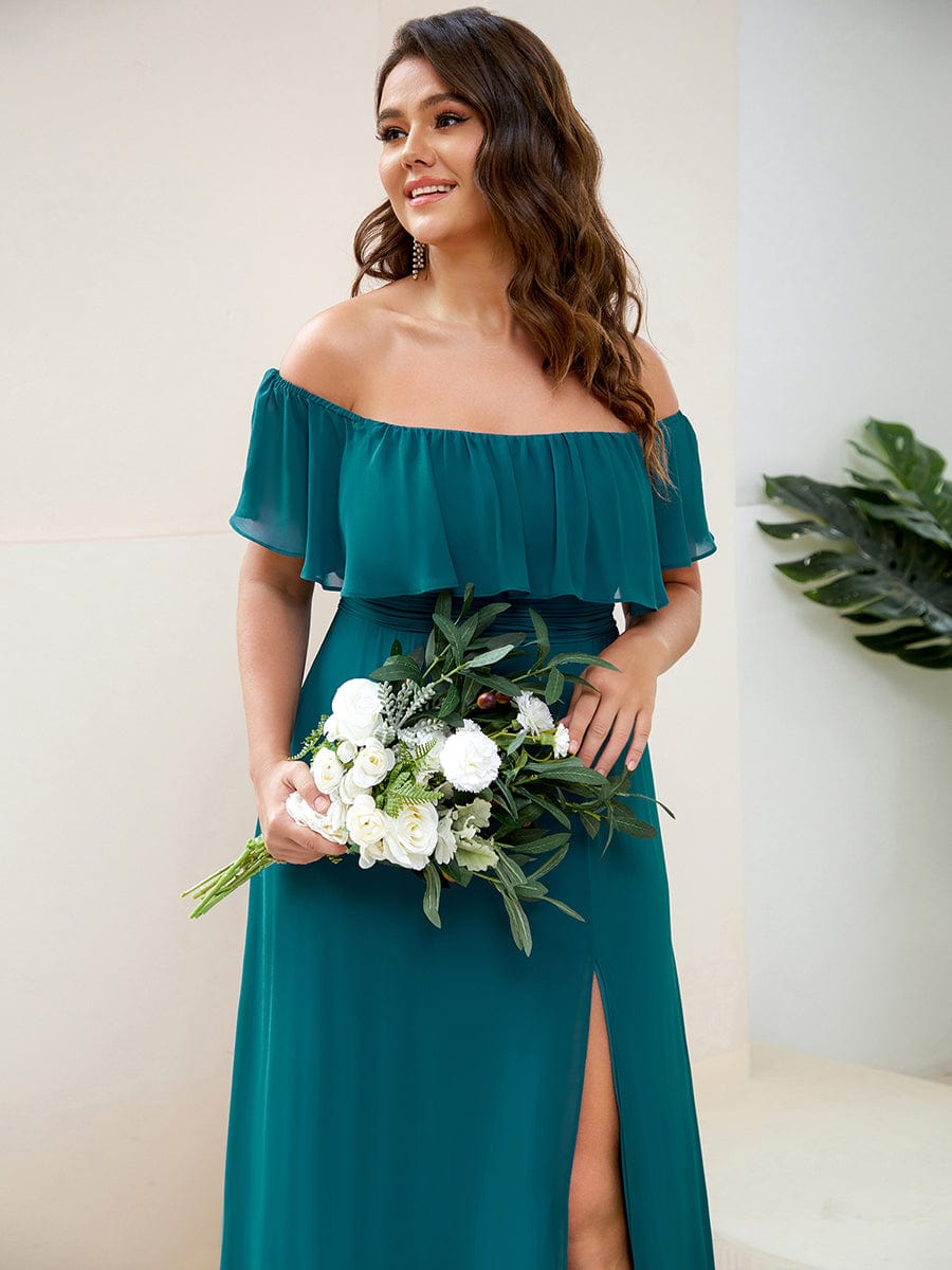 Plus Size Off the Shoulder Formal Bridesmaid Dress with Thigh Split #color_Teal