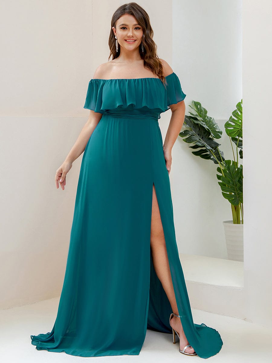 Plus Size Off the Shoulder Formal Bridesmaid Dress with Thigh Split #color_Teal