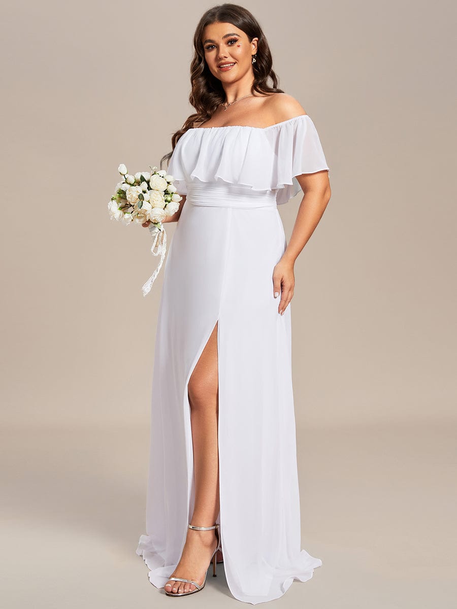 Plus Size Off the Shoulder Formal Bridesmaid Dress with Thigh Split #color_White 