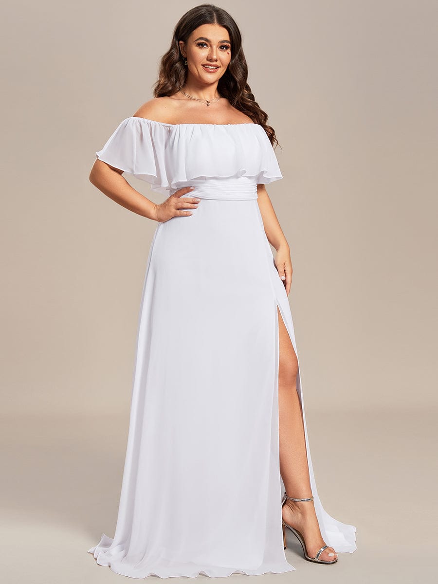 Plus Size Off the Shoulder Formal Bridesmaid Dress with Thigh Split #color_White 