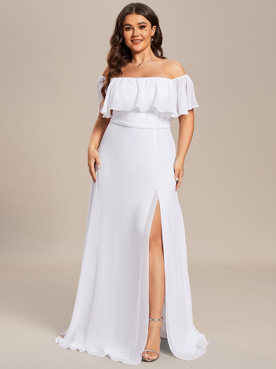 Plus Size Off the Shoulder Formal Bridesmaid Dress with Thigh Split #color_White 