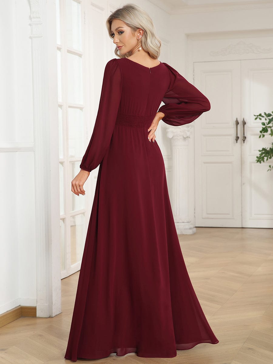 Chiffon High Empire Waist Puff Sleeve Bridesmaid Dress #color_Burgundy