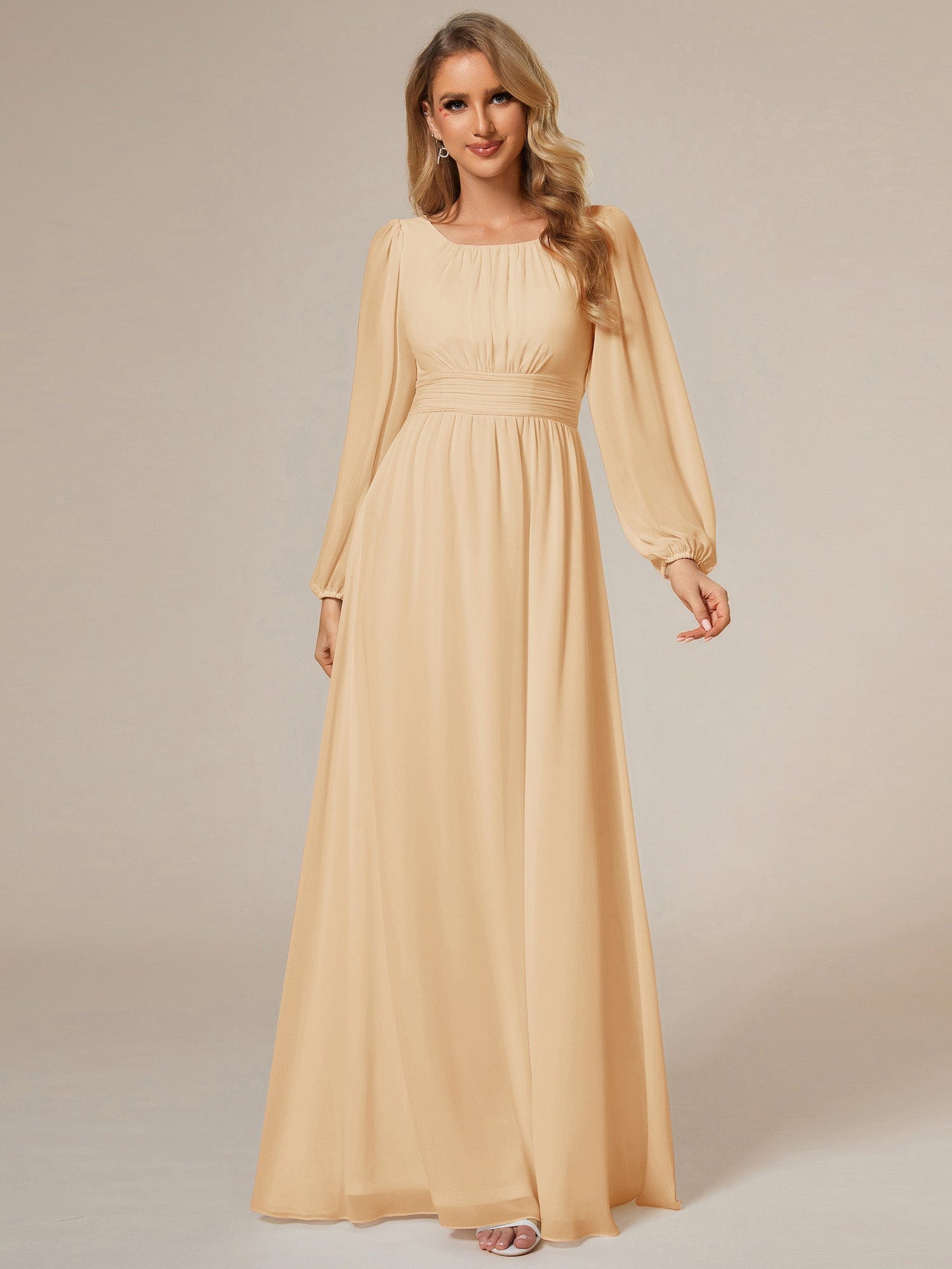 Chiffon High Empire Waist Puff Sleeve Bridesmaid Dress #color_Champagne