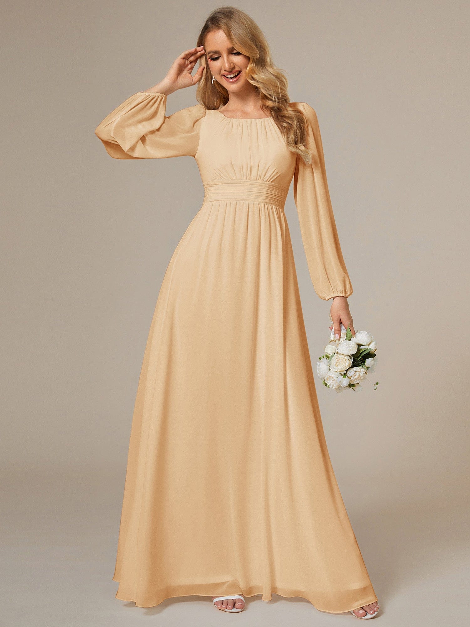 Chiffon High Empire Waist Puff Sleeve Bridesmaid Dress #color_Champagne