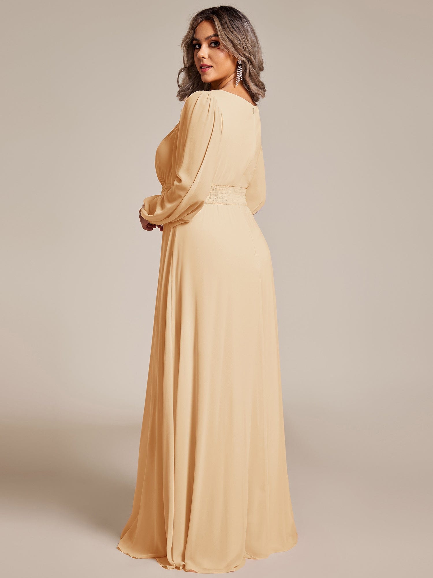 See-Througth Puff Sleeve Chiffon Plus Size Bridesmaid Dress #color_Champagne