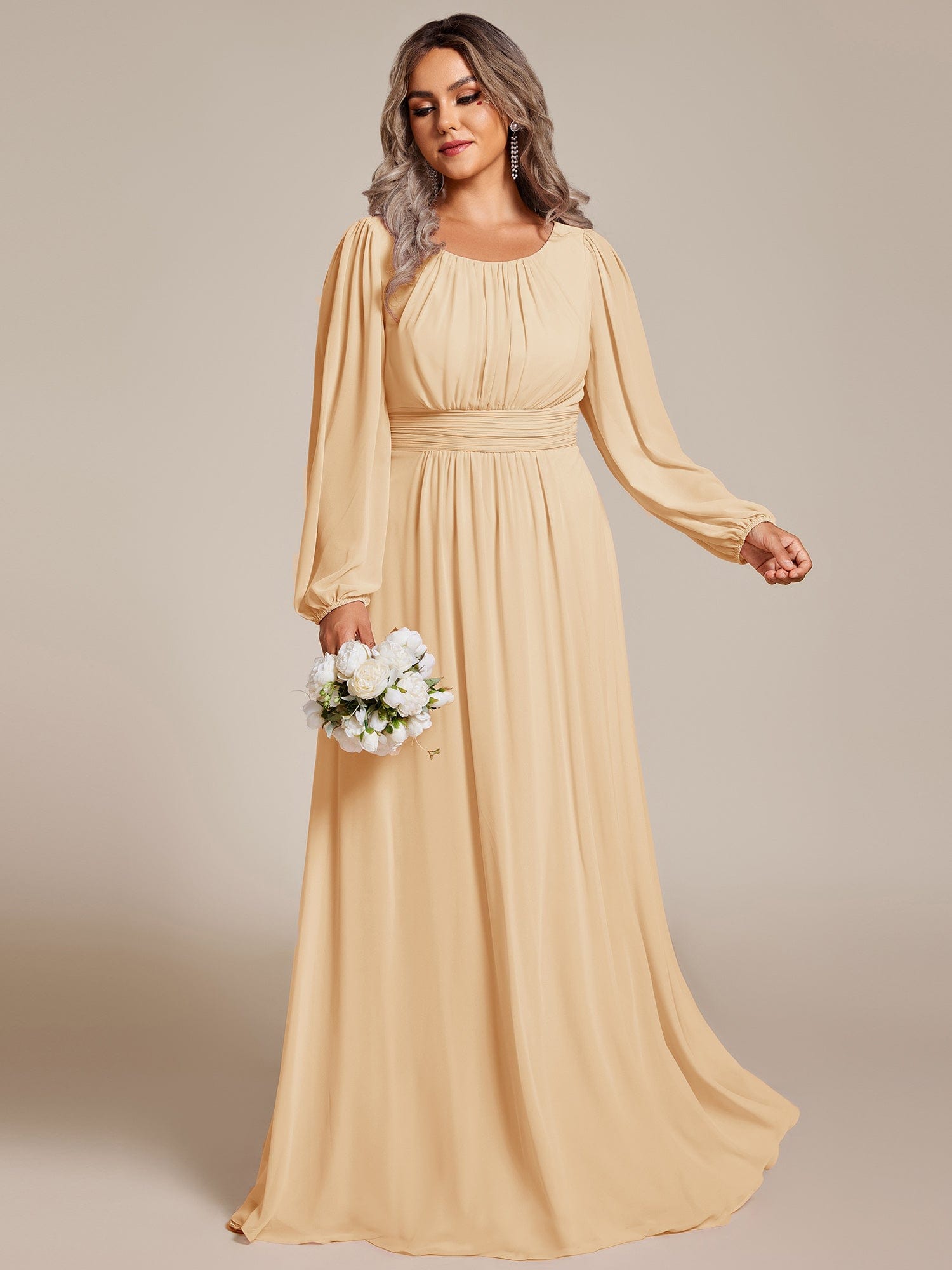 See-Througth Puff Sleeve Chiffon Plus Size Bridesmaid Dress #color_Champagne