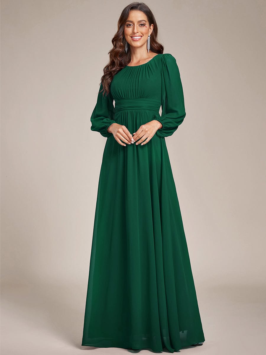 Chiffon High Empire Waist Puff Sleeve Bridesmaid Dress #color_Dark Green