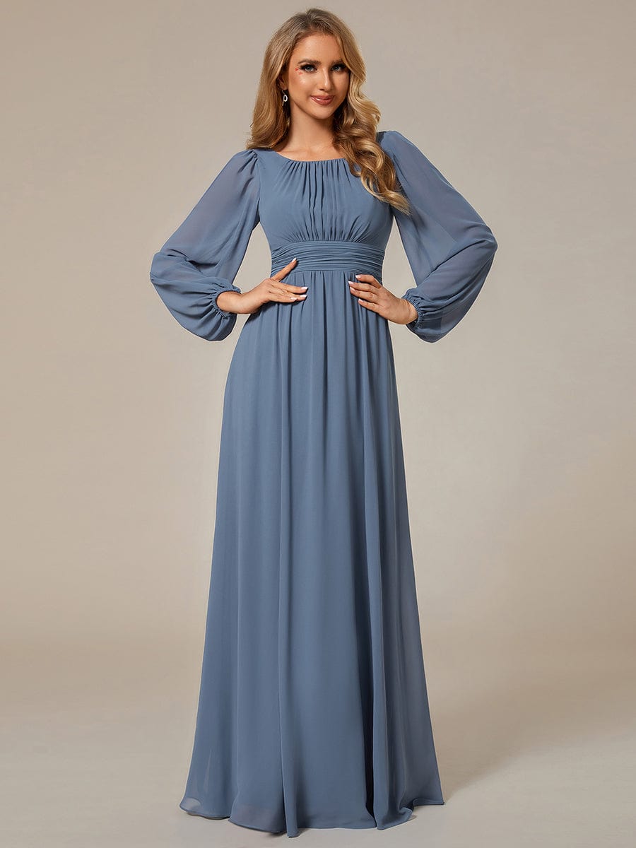 Chiffon High Empire Waist Puff Sleeve Bridesmaid Dress #color_Dusty Blue