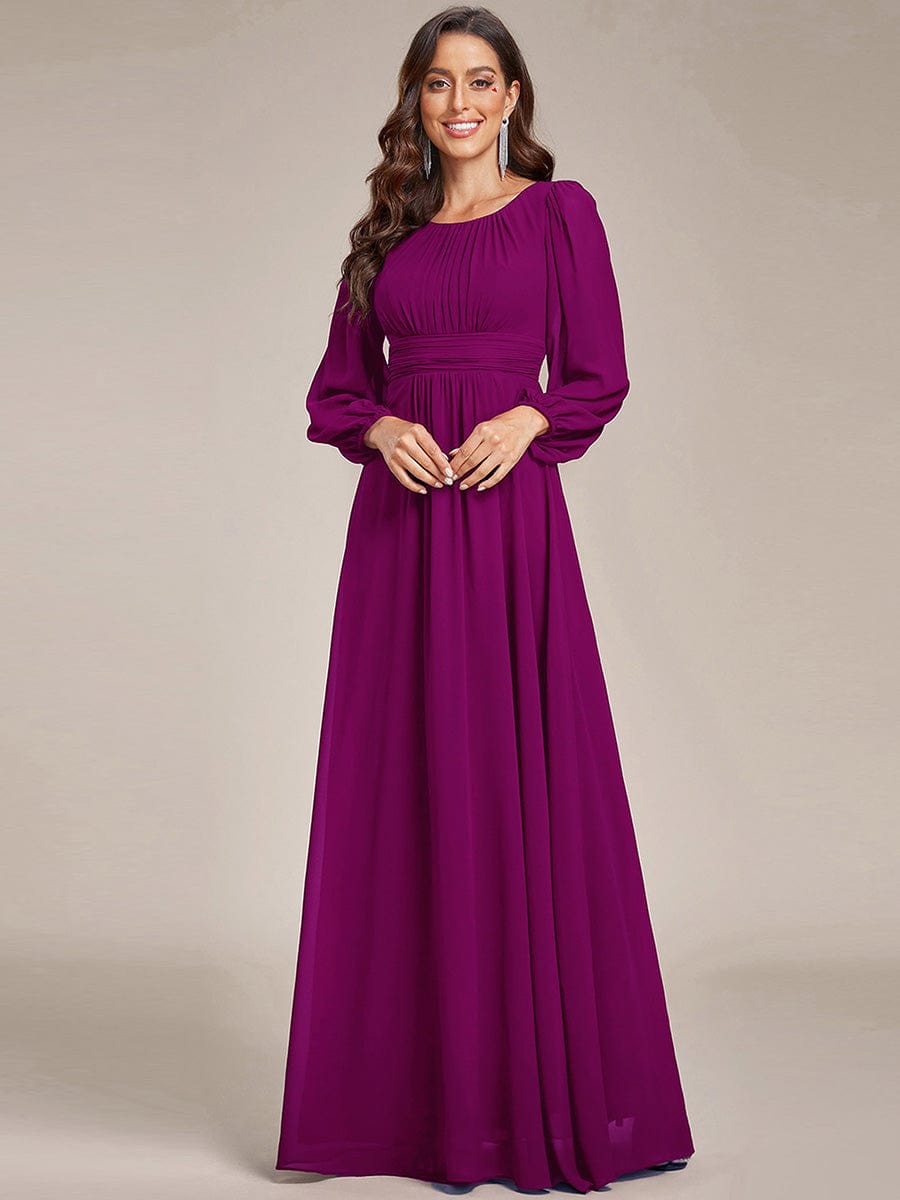 Chiffon High Empire Waist Puff Sleeve Bridesmaid Dress #color_Fuchsia