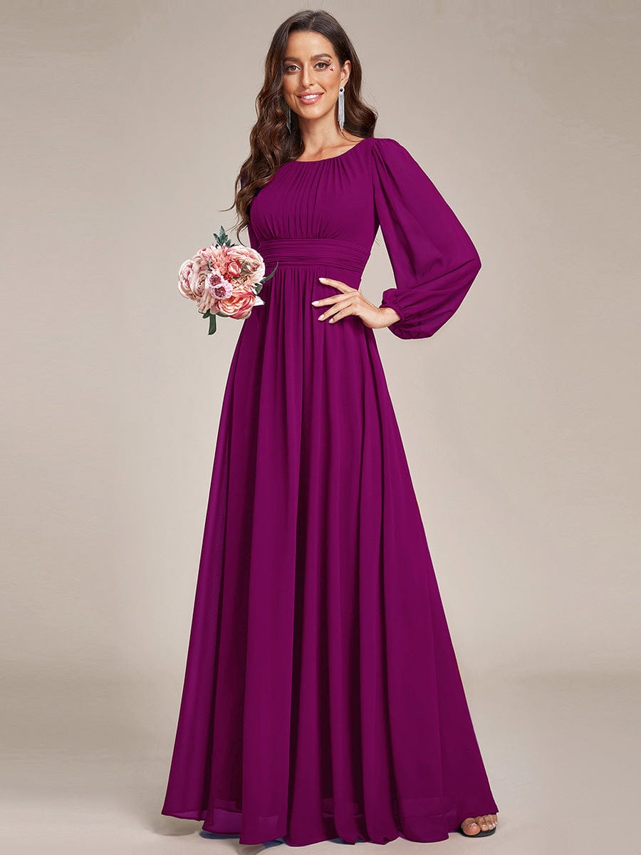 Chiffon High Empire Waist Puff Sleeve Bridesmaid Dress #color_Fuchsia