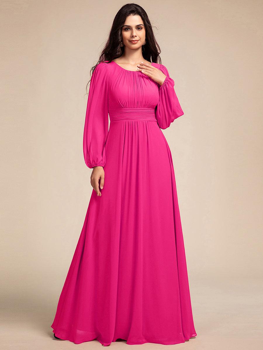 Chiffon Long Sleeve A-Line Round Neckline Formal Dress #color_Hot Pink