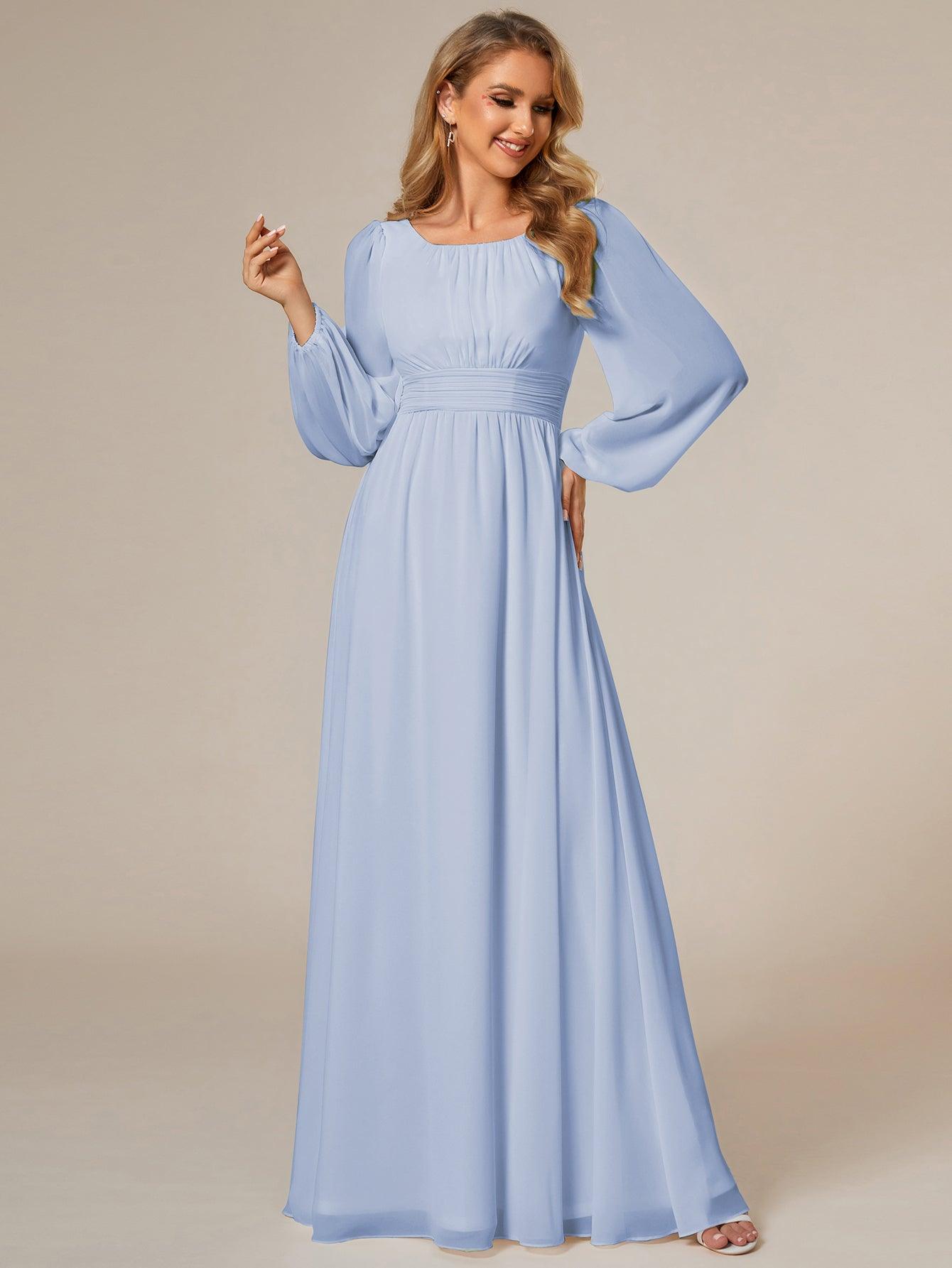 Chiffon High Empire Waist Puff Sleeve Bridesmaid Dress #color_Ice Blue