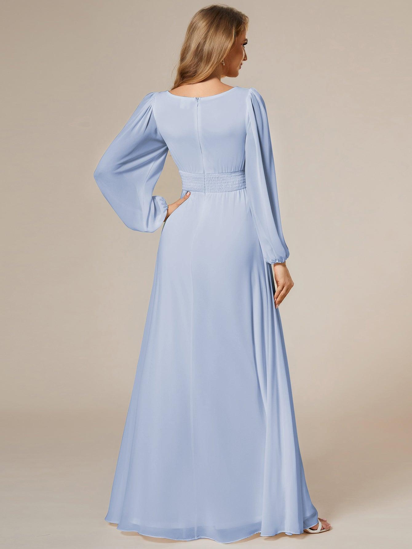 Chiffon High Empire Waist Puff Sleeve Bridesmaid Dress #color_Ice Blue