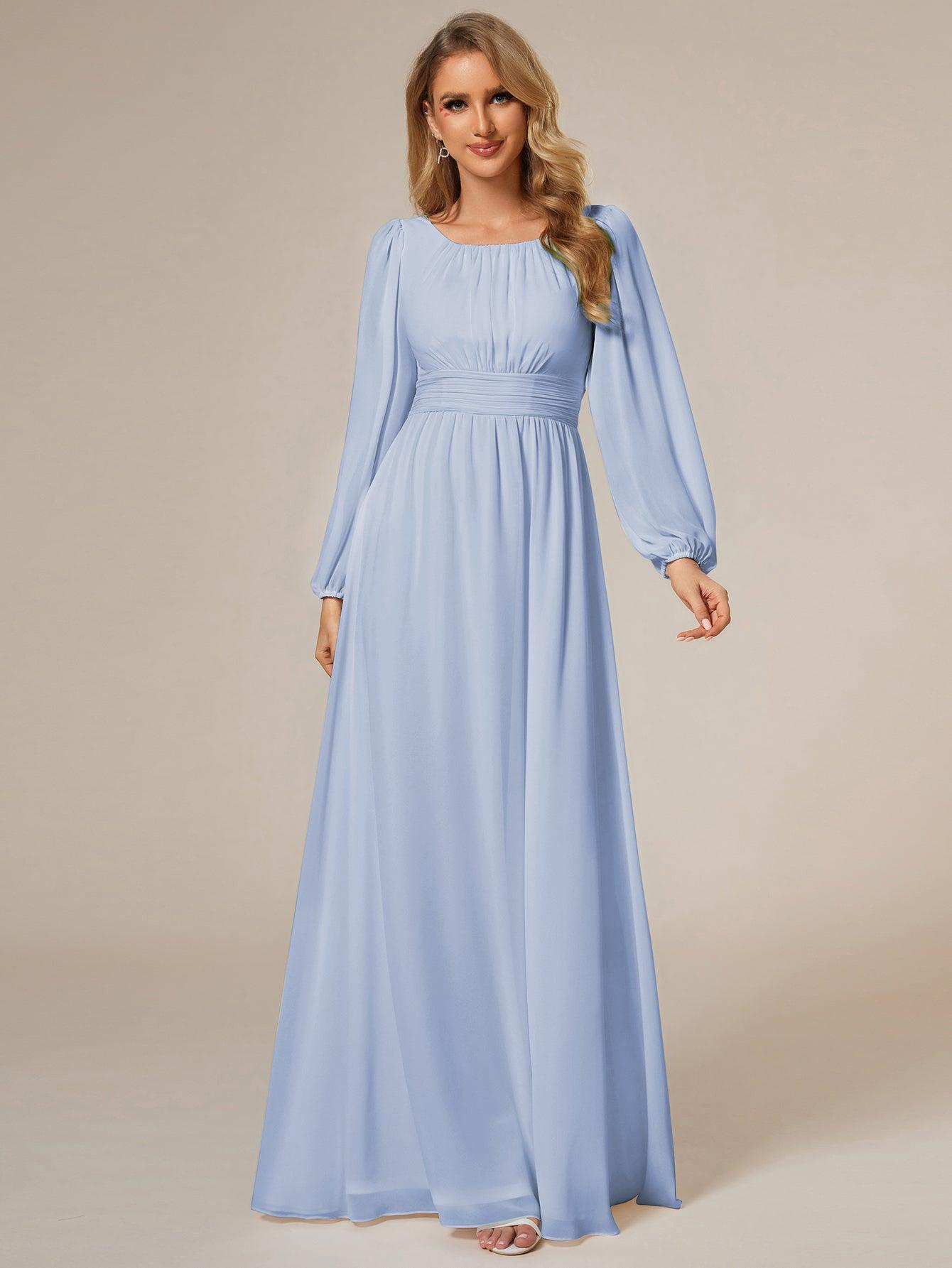 Chiffon High Empire Waist Puff Sleeve Bridesmaid Dress #color_Ice Blue