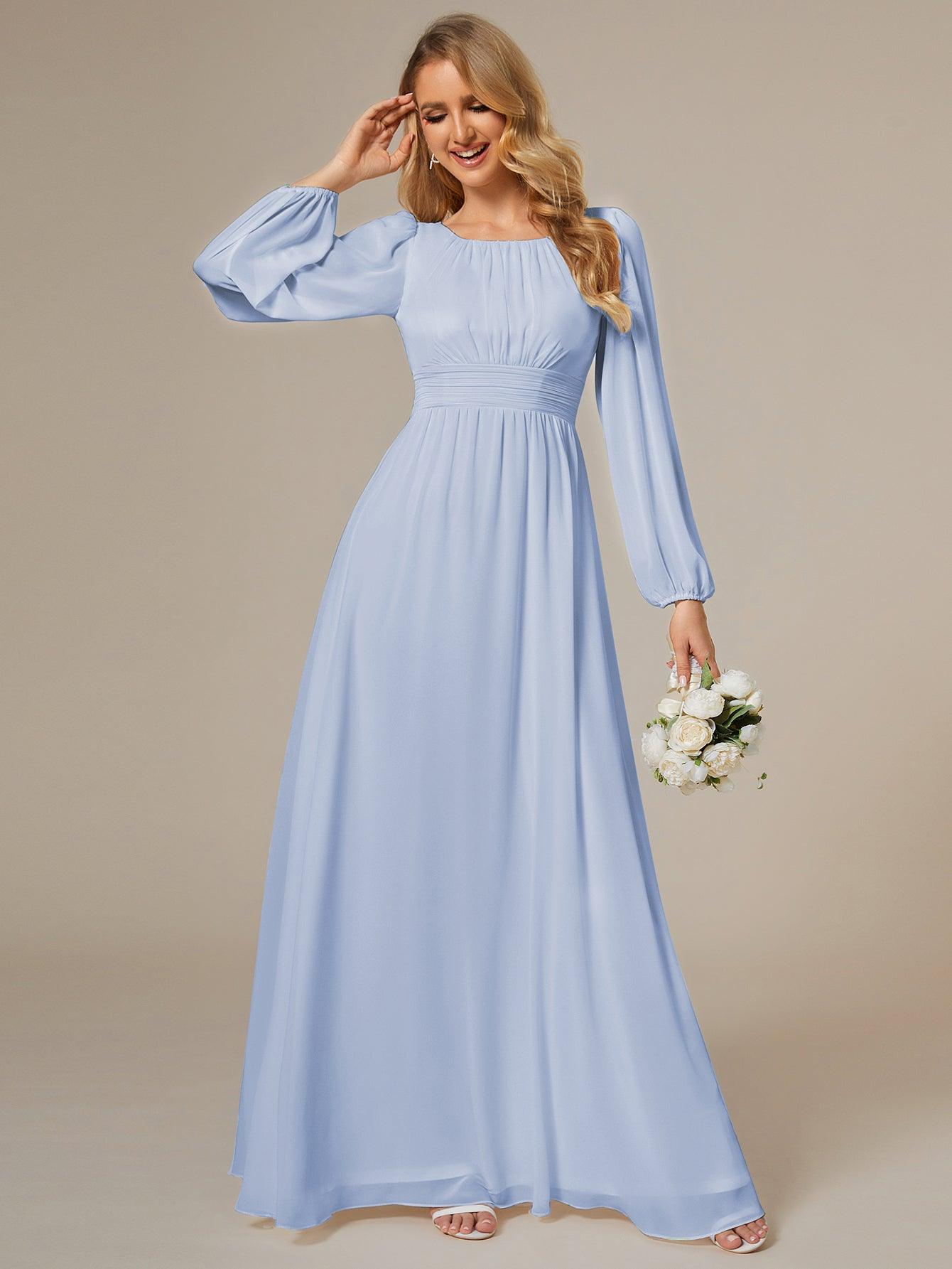 Chiffon High Empire Waist Puff Sleeve Bridesmaid Dress #color_Ice Blue