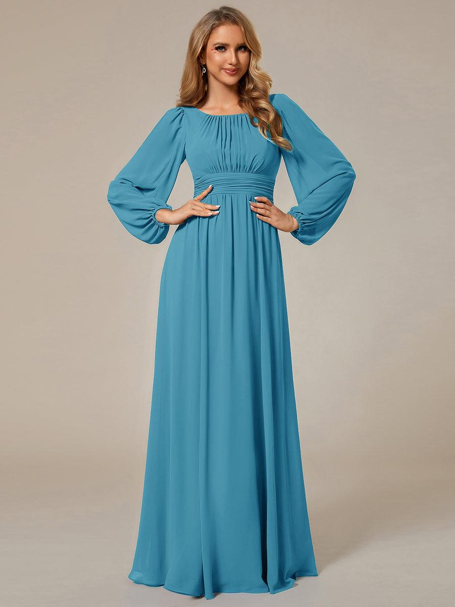 Chiffon Long Sleeve A-Line Round Neckline Formal Dress #color_Jade Blue