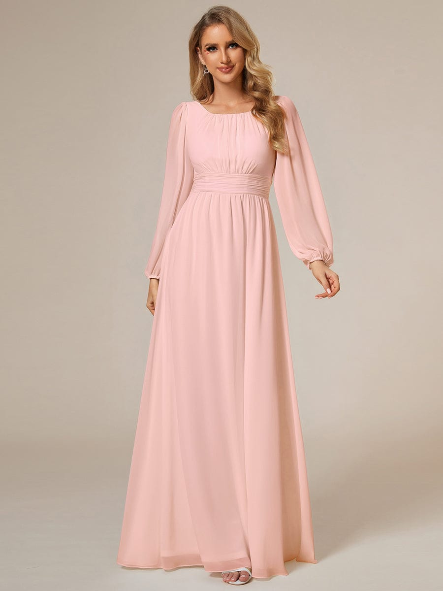 Chiffon High Empire Waist Puff Sleeve Bridesmaid Dress #color_Pink