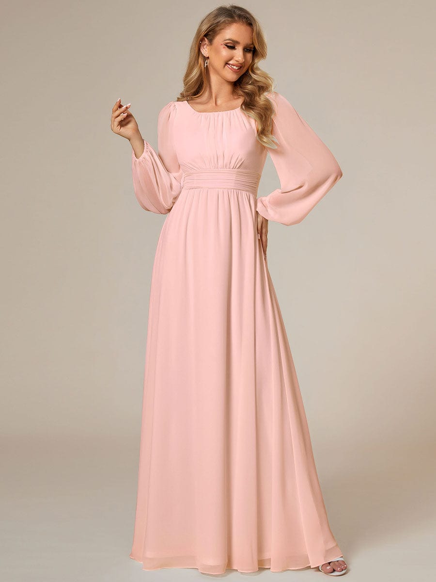 Chiffon High Empire Waist Puff Sleeve Bridesmaid Dress #color_Pink