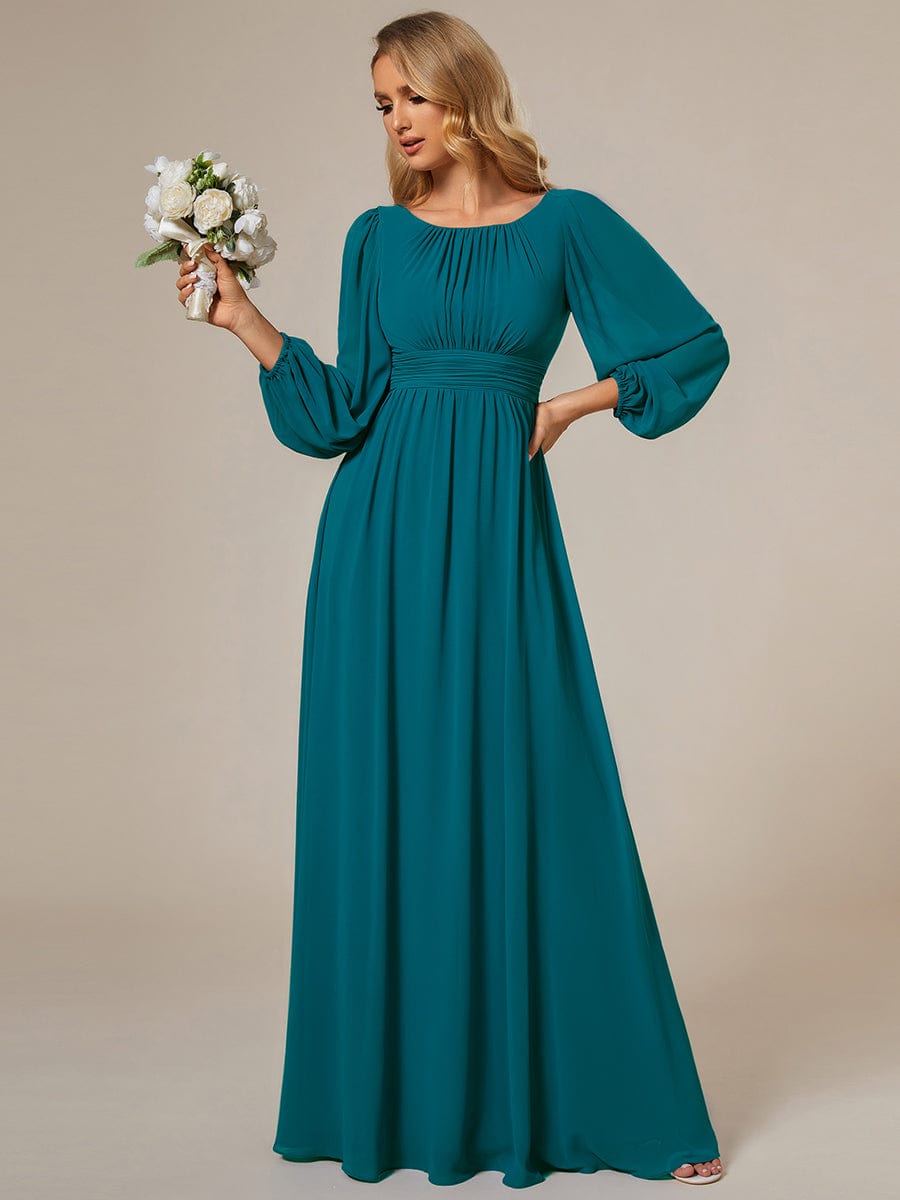 Chiffon High Empire Waist Puff Sleeve Bridesmaid Dress #color_Teal