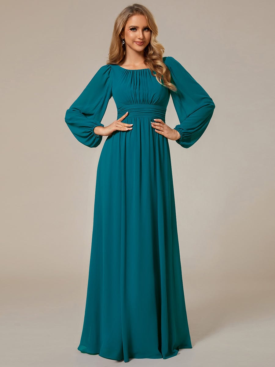 Chiffon High Empire Waist Puff Sleeve Bridesmaid Dress #color_Teal