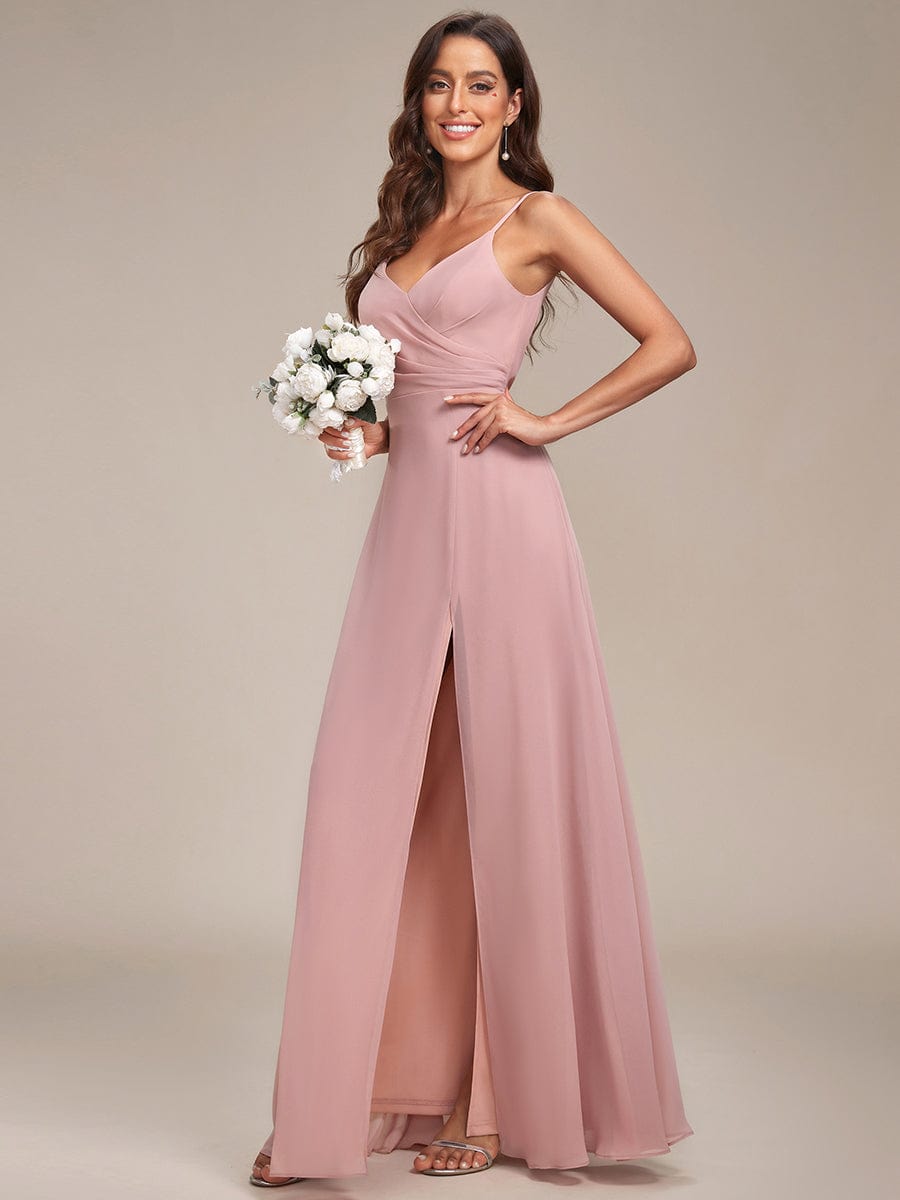 Pleated V-Neck Spaghetti Strap High Slit Bridesmaid Dress #color_Dusty Rose