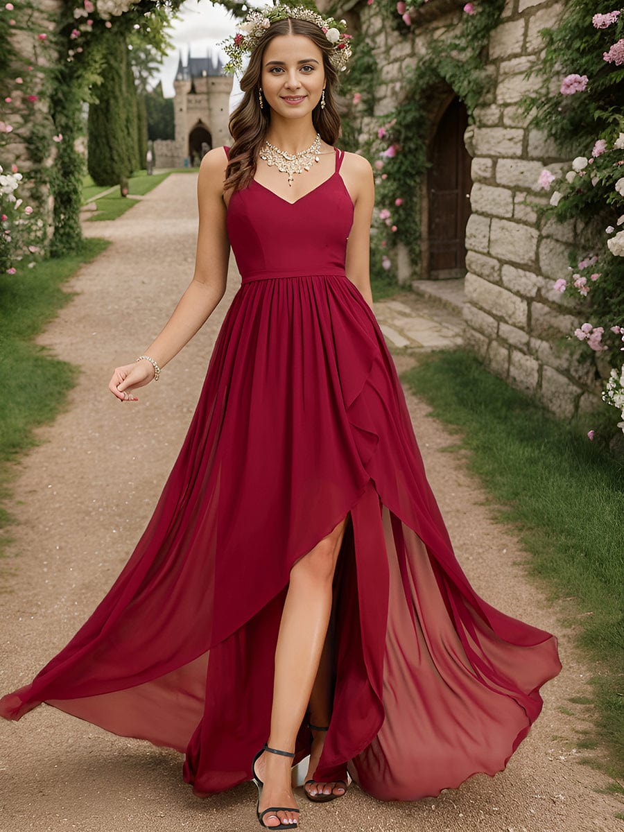 Chiffon Spaghetti Strap Ruffled Front Slit A-Line Bridesmaid Dress #Color_Burgundy