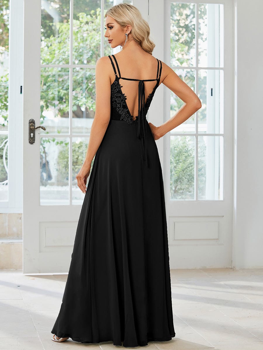 Chiffon and Lace Open Back Spaghetti Straps Bridesmaid Dress #color_Black