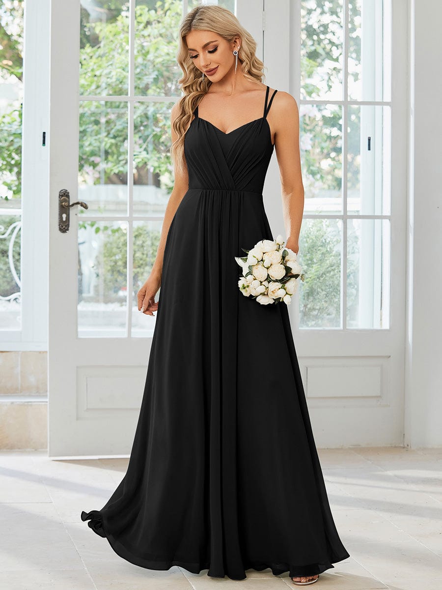 Chiffon and Lace Open Back Spaghetti Straps Bridesmaid Dress #color_Black