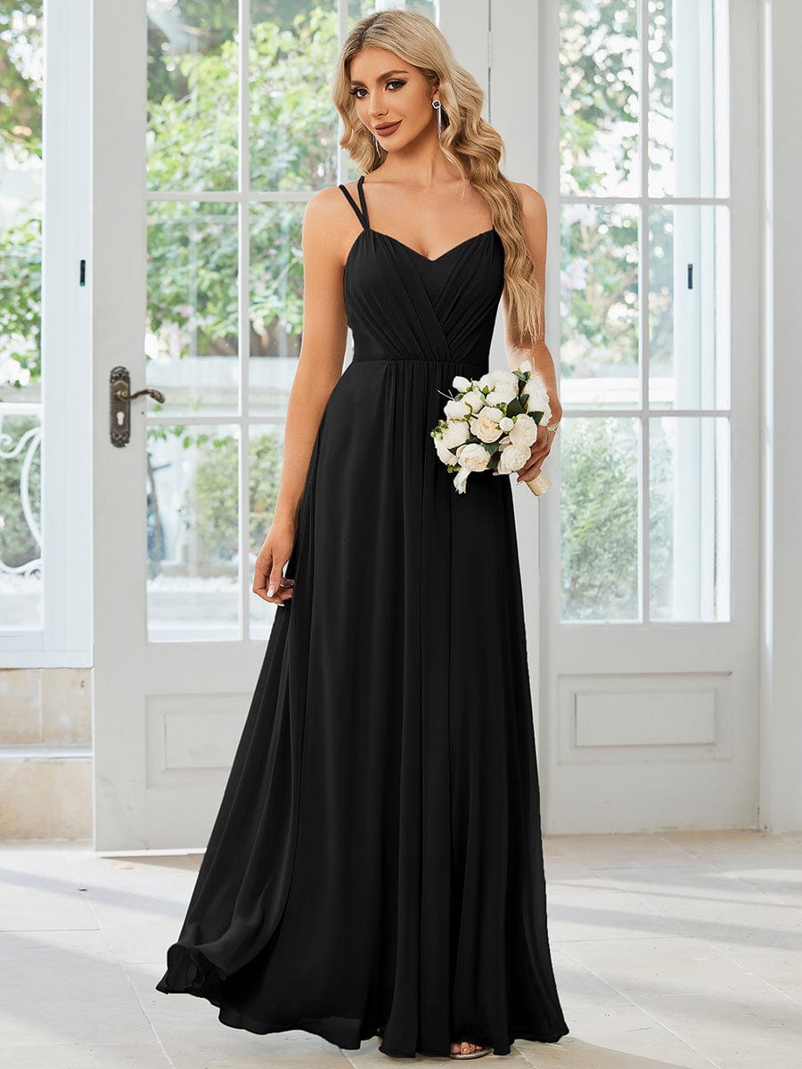 Chiffon and Lace Open Back Spaghetti Straps Bridesmaid Dress #color_Black