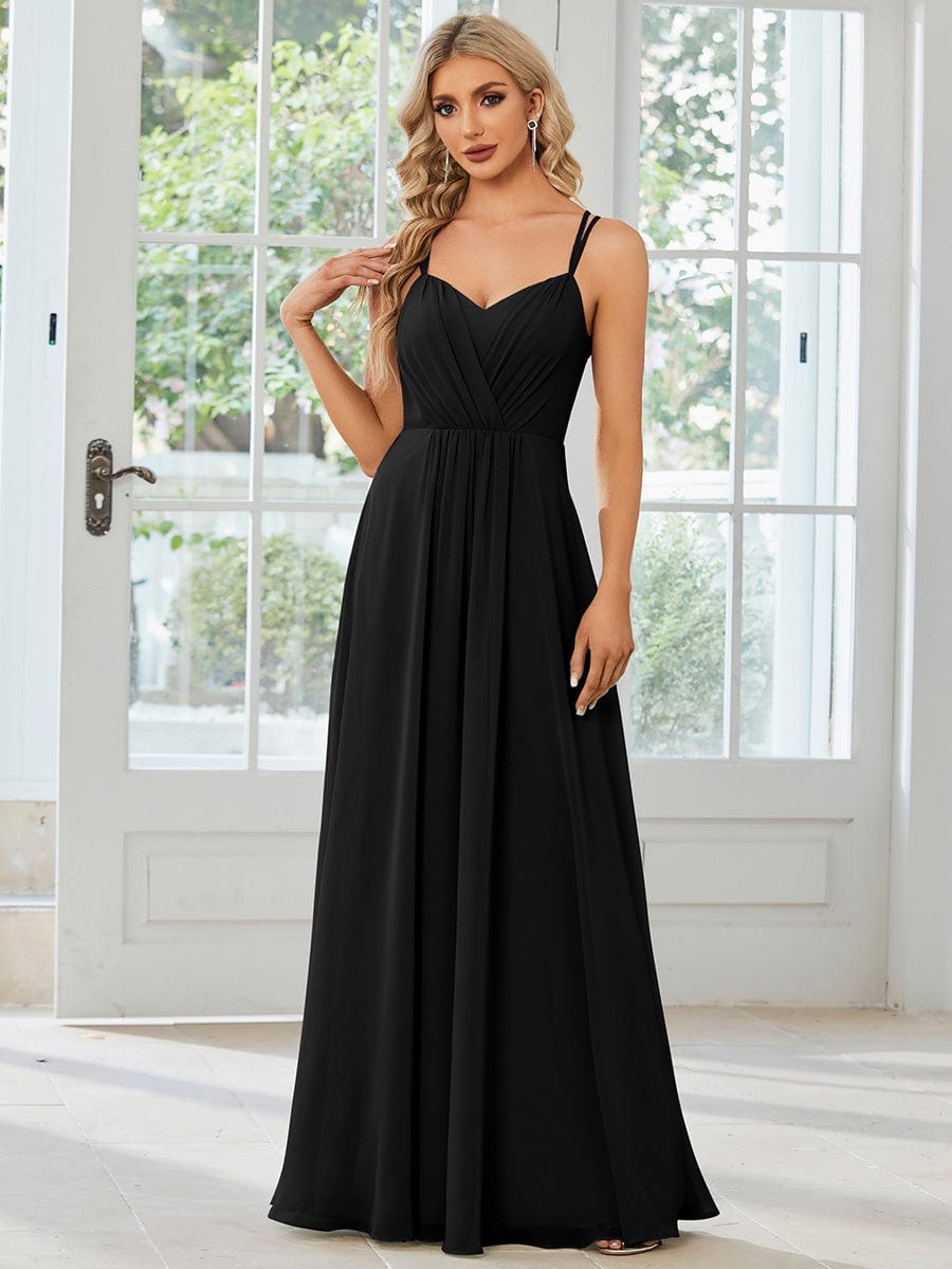 Chiffon and Lace Open Back Spaghetti Straps Bridesmaid Dress #color_Black