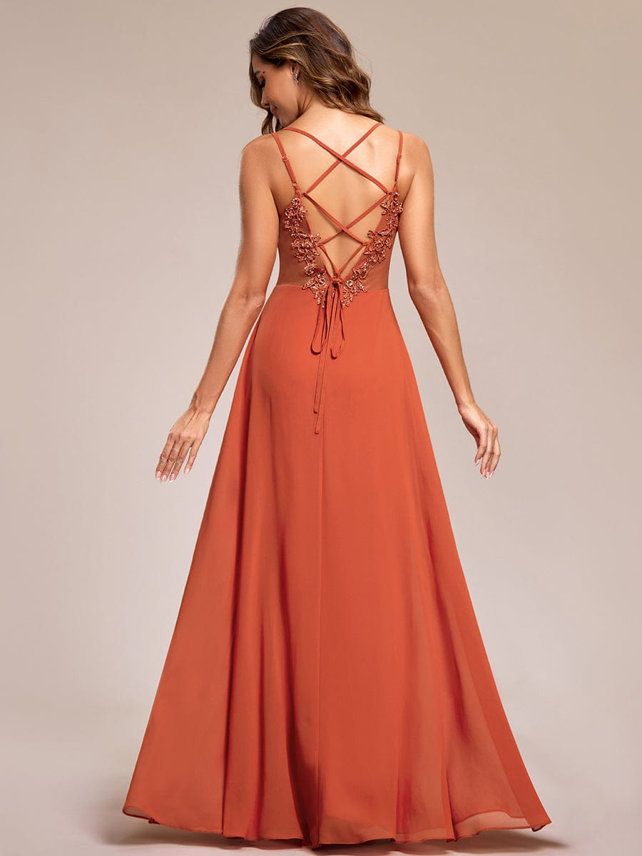 Chiffon and Lace Open Back Spaghetti Straps Bridesmaid Dress #color_Burnt Orange