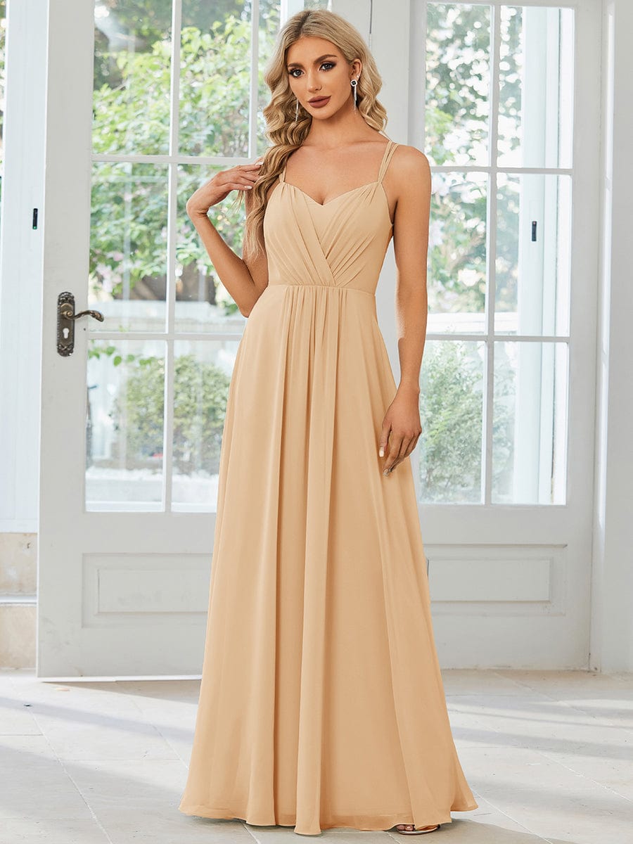 Chiffon and Lace Open Back Spaghetti Straps Bridesmaid Dress #color_Champagne