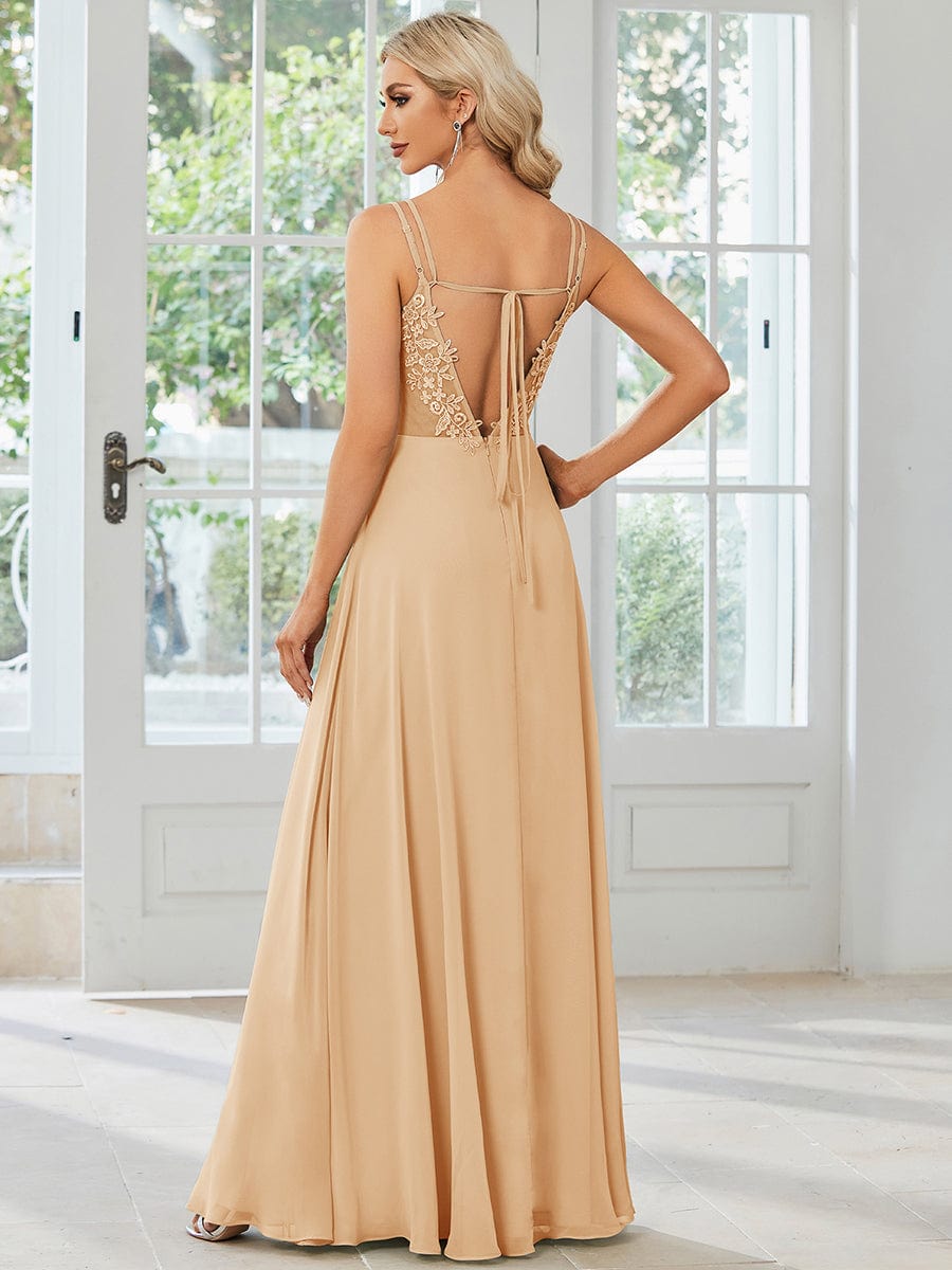 Chiffon and Lace Open Back Spaghetti Straps Bridesmaid Dress #color_Champagne