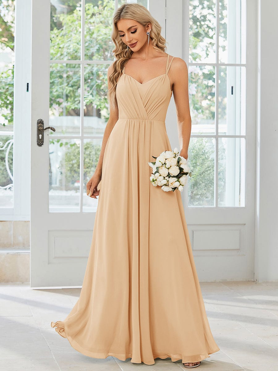 Chiffon and Lace Open Back Spaghetti Straps Bridesmaid Dress #color_Champagne