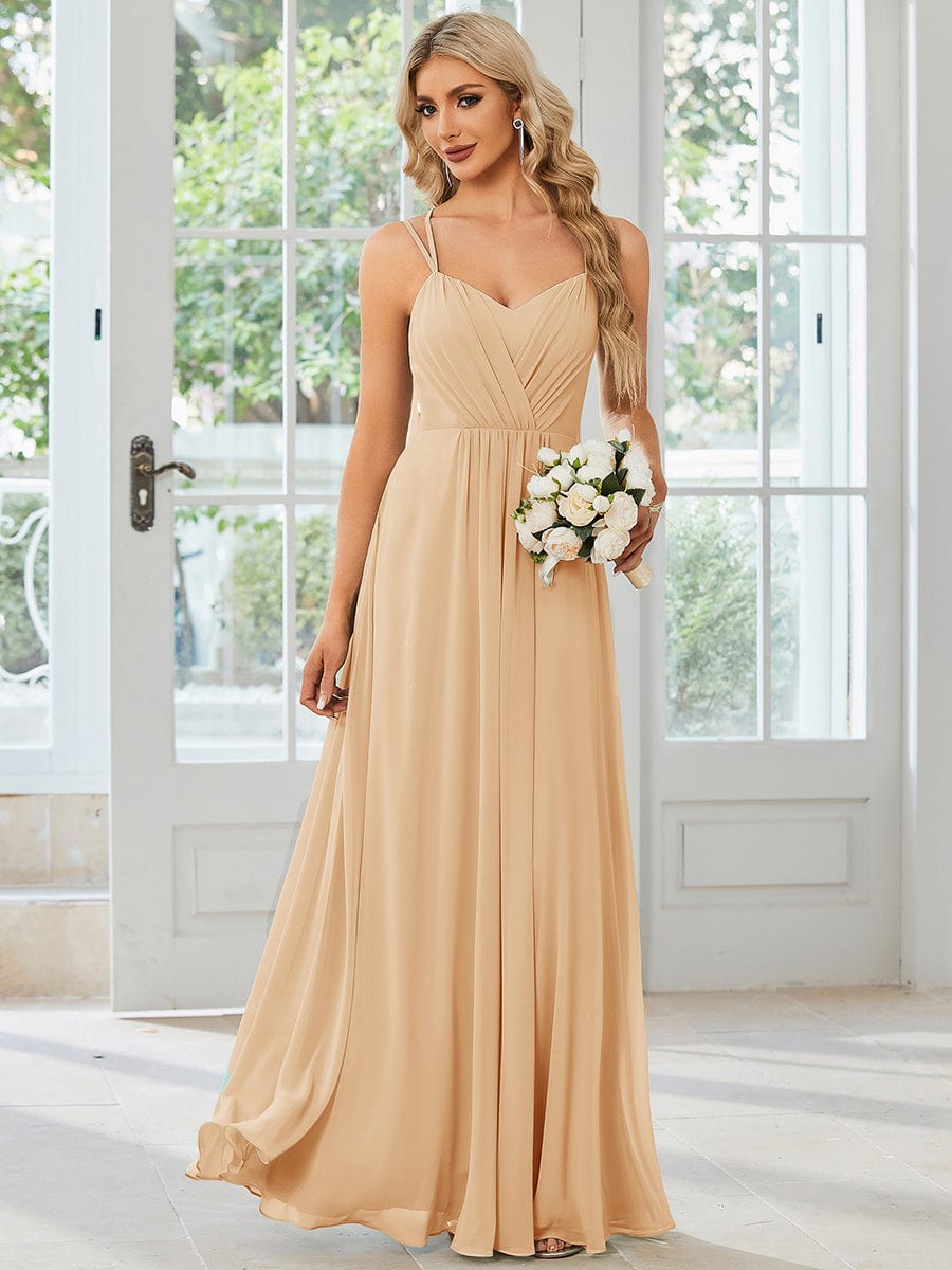 Chiffon and Lace Open Back Spaghetti Straps Bridesmaid Dress #color_Champagne