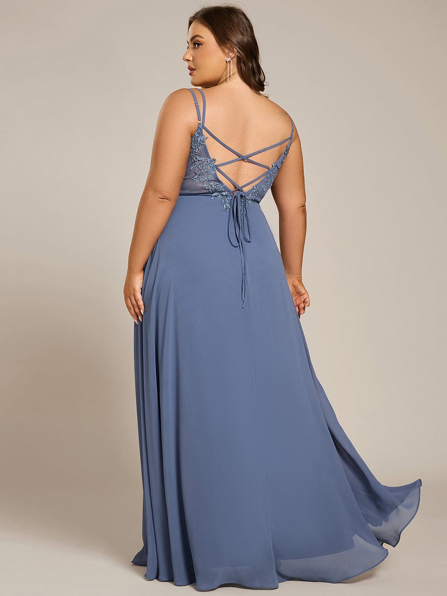 Chiffon and Lace Open Back Spaghetti Straps Bridesmaid Dress #color_Dusty Blue