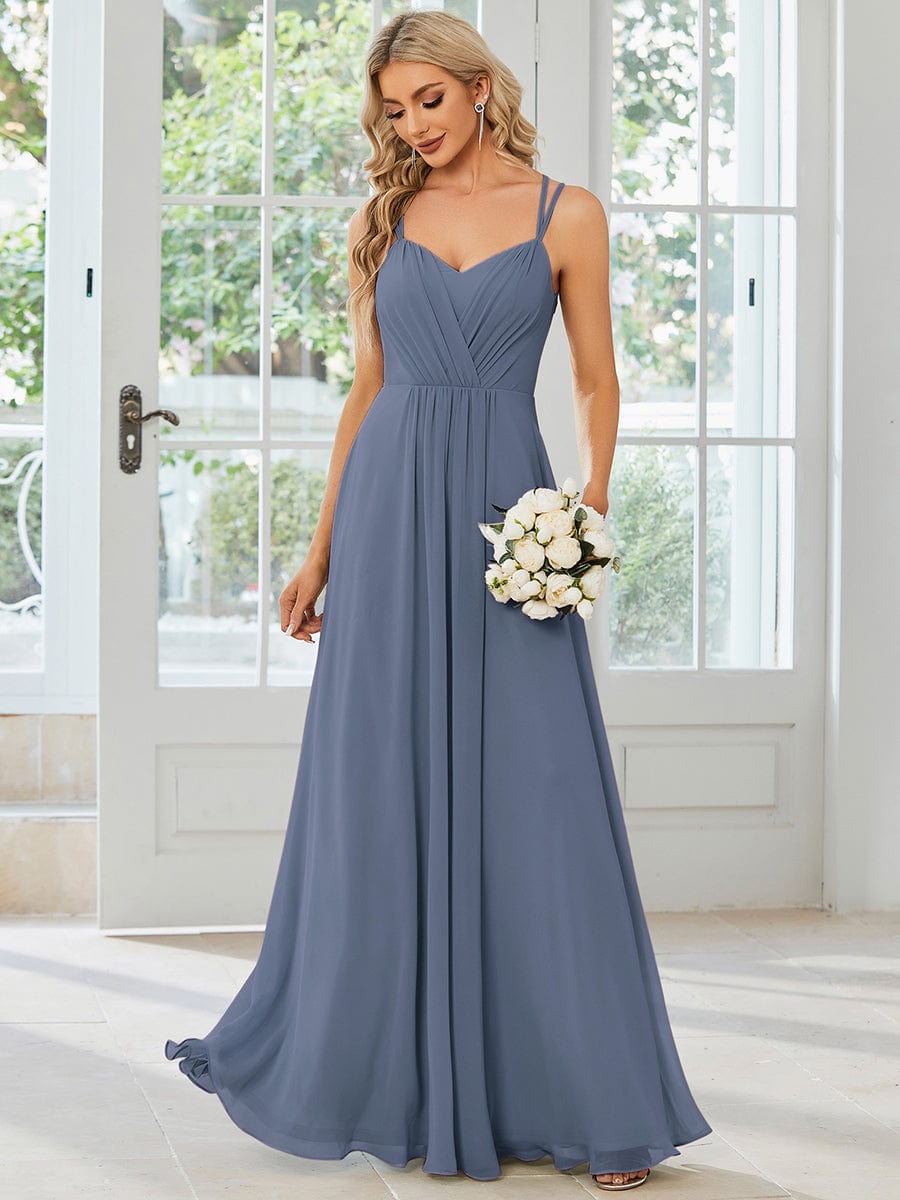 Chiffon and Lace Open Back Spaghetti Straps Bridesmaid Dress #color_Dusty Navy