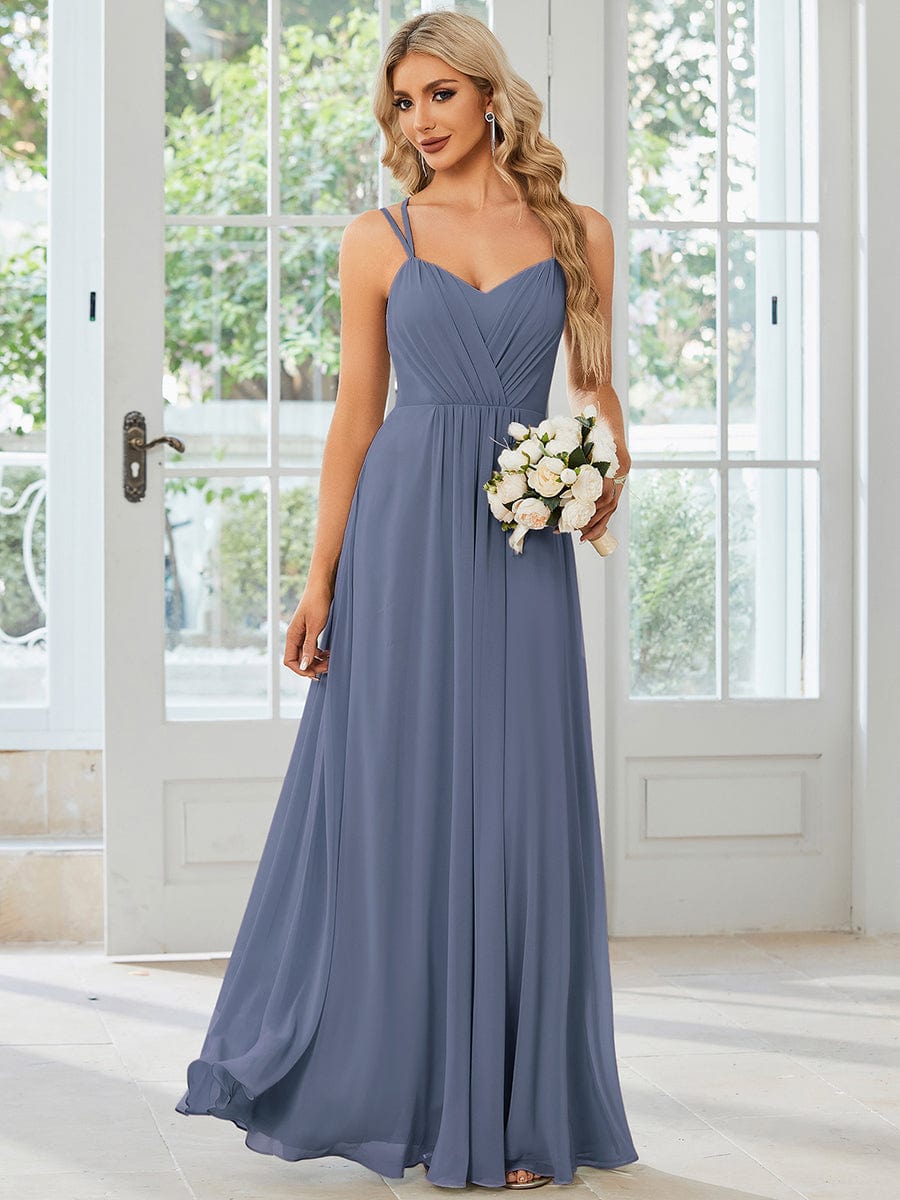 Chiffon and Lace Open Back Spaghetti Straps Bridesmaid Dress #color_Dusty Blue