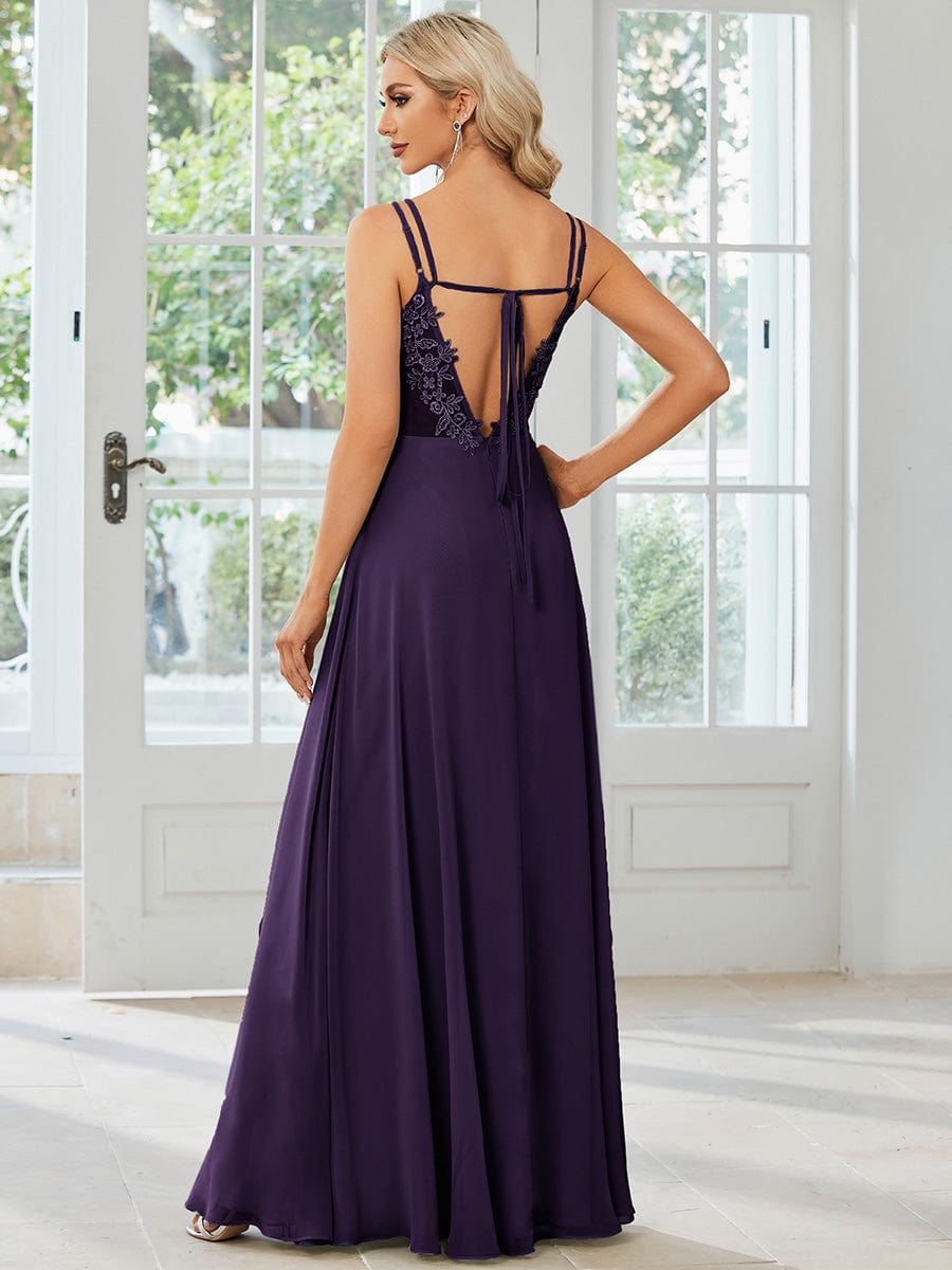 Chiffon and Lace Open Back Spaghetti Straps Bridesmaid Dress #color_Dark Purple