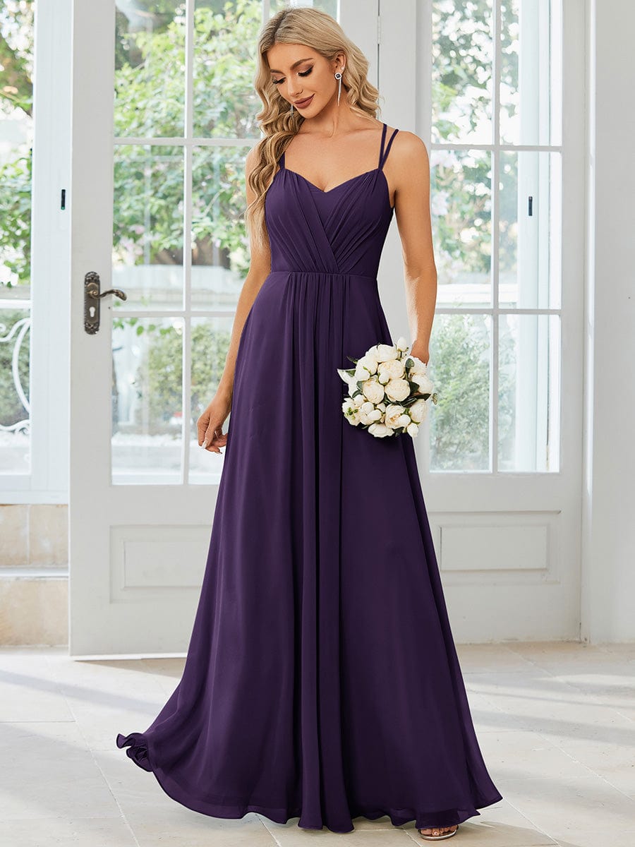 Chiffon and Lace Open Back Spaghetti Straps Bridesmaid Dress #color_Dark Purple