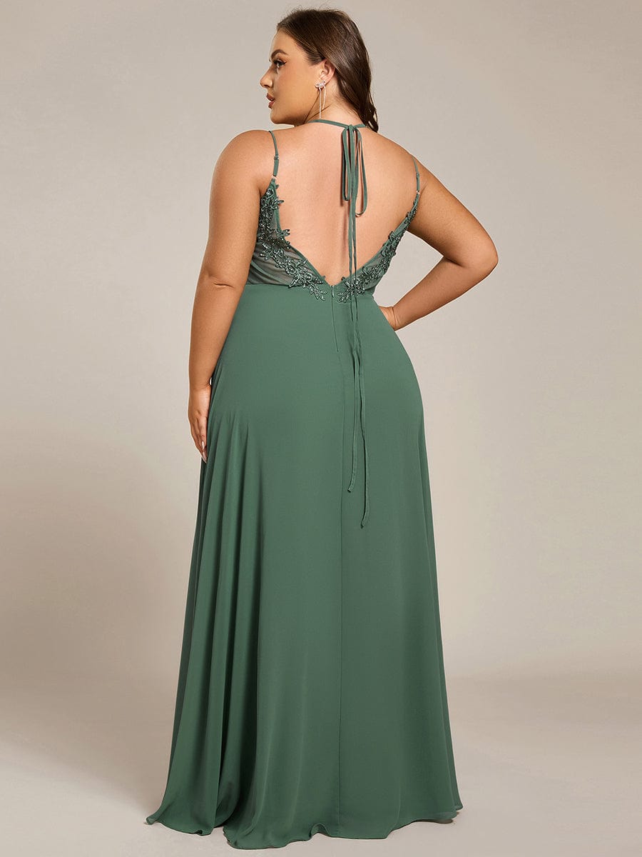 Chiffon and Lace Open Back Spaghetti Straps Bridesmaid Dress #color_Eucalyptus