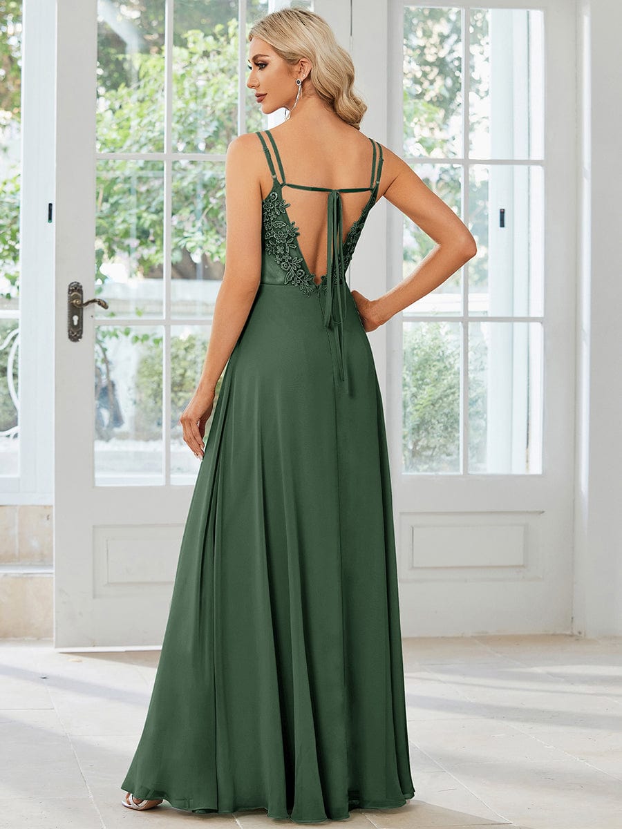 Chiffon and Lace Open Back Spaghetti Straps Bridesmaid Dress #color_Eucalyptus