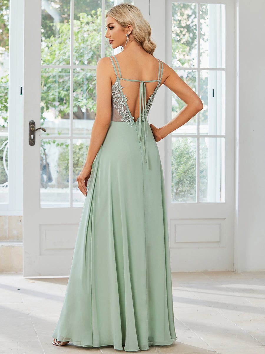 Chiffon and Lace Open Back Spaghetti Straps Bridesmaid Dress  #color_Mint Green