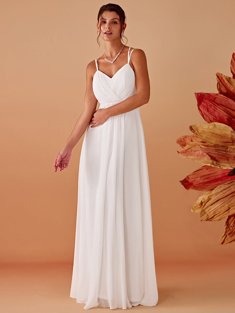 Chiffon and Lace Open Back Spaghetti Straps Bridesmaid Dress #color_White