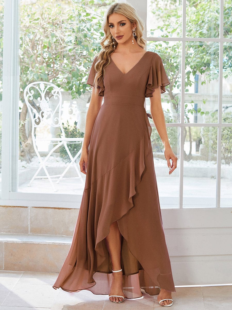 Custom Size Flowy Chiffon Ruffled Bridesmaid Dress #color_Brown