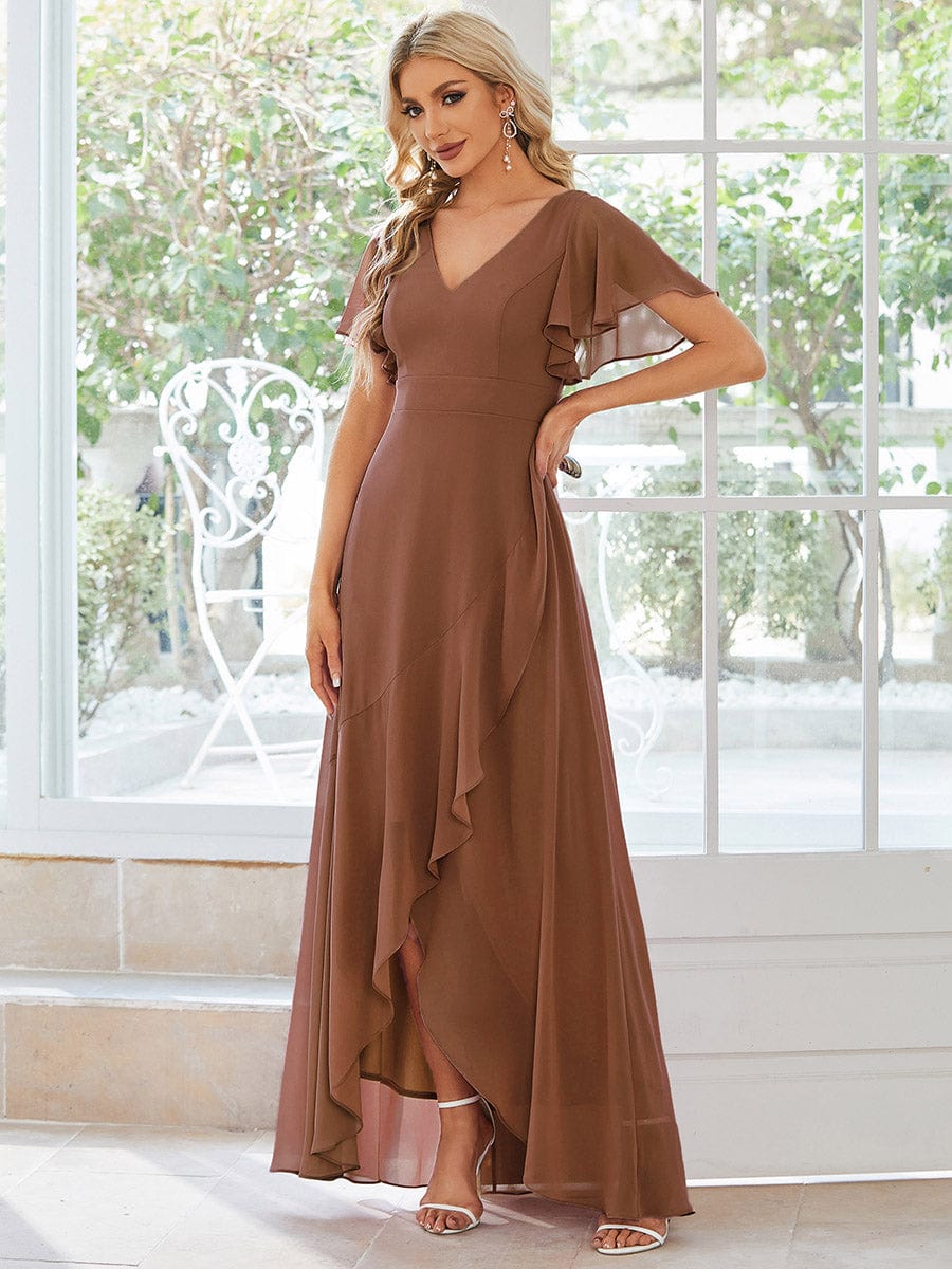 Charming Chiffon Bridesmaid Dress with Lotus Leaf Hemline #color_Brown