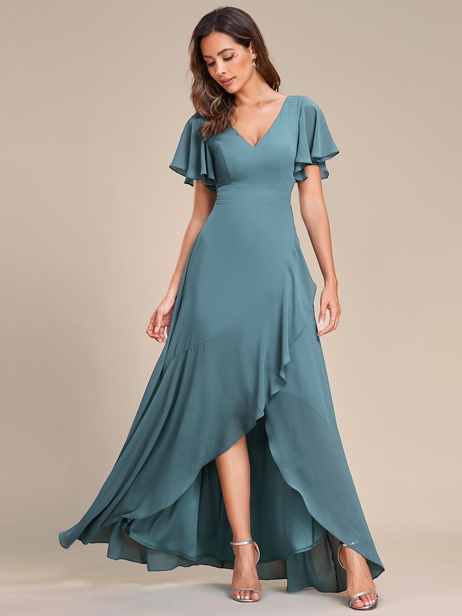 Charming Chiffon Bridesmaid Dress with Lotus Leaf Hemline #color_Dusty Blue