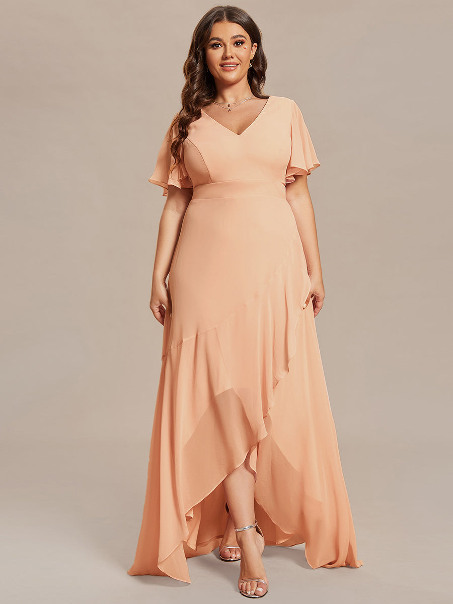 Plus Size Elegant Lotus Sleeves Chiffon Bridesmaid Dress #color_Peach