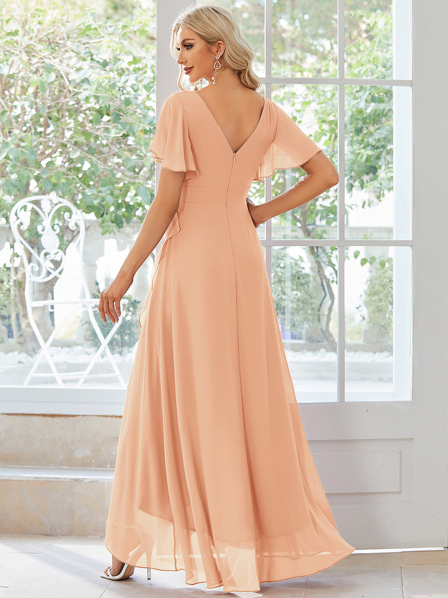 Ruffles Sleeve V-Neck Chiffon Bridesmaid Dress #color_Peach